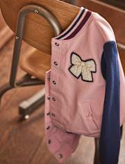 Girls Embroidered Bow Varsity Jacket - Campus Cuties