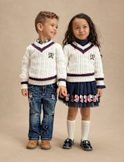 Kids Cable Knit Varsity Sweater - Campus Cuties