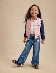 Girls Embroidered Varsity Wide Leg Jeans - Campus Cuties