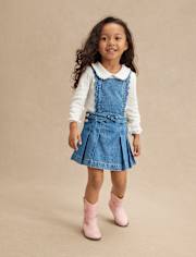 Girls Scalloped Button Denim Jumper - Campus Cuties