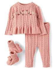 Baby Girls Embroidered Floral Cable Knit Sweater 3-Piece Outfit Set - Homegrown by Gymboree