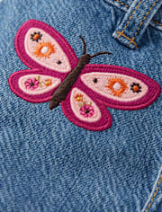 Girls Embroidered Butterfly Button Denim Skirt - Fall Celebrations