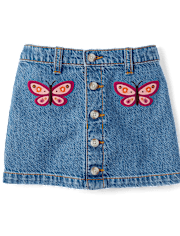 Girls Embroidered Butterfly Button Denim Skirt - Fall Celebrations