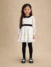 Girls Contrast Lace Ruffle Dress - Petit Paris