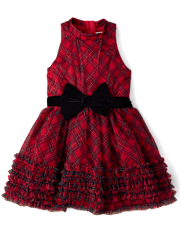 Girls Plaid Ruffle Mesh Mock Neck Dress - Royal Christmas