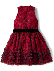 Girls Plaid Ruffle Mesh Mock Neck Dress - Royal Christmas