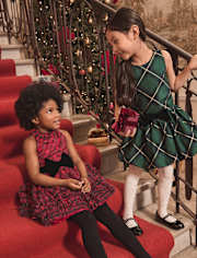 Girls Plaid Ruffle Mesh Mock Neck Dress - Royal Christmas