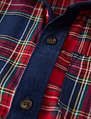 Boys Plaid Colorblock Flannel Button Up Shirt - Royal Christmas