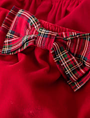 Girls Plaid Bow Velvet Ruffle Dress - Royal Christmas