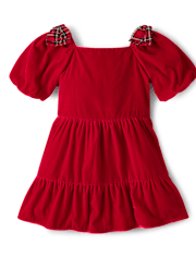 Girls Plaid Bow Velvet Ruffle Dress - Royal Christmas