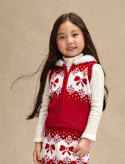 Girls Bow Fairisle Hooded Sweater Vest - Royal Christmas