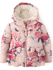 Girls Floral Ruffle Microfleece Lined Puffer Jacket - On Pointe