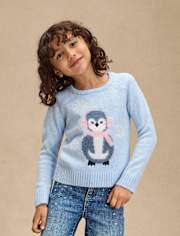 Girls Eyelash Penguin Sweater - First Frost
