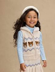 Girls Bear Fairisle Zip Up Vest - First Frost