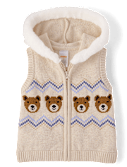 Girls Bear Fairisle Zip Up Vest - First Frost