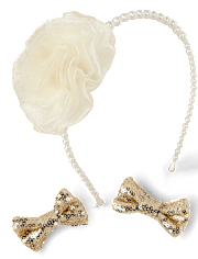 Girls Faux Pearl Sequin 3-Piece Hair Set - Royal Christmas