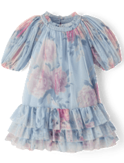 Girls Floral Ruffle Mesh Drop Waist Dress - On Pointe