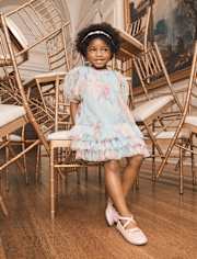 Girls Floral Ruffle Mesh Drop Waist Dress - On Pointe