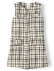 Girls Plaid Button Tweed Shift Dress - Petit Paris