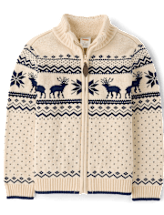Boys Reindeer Fairisle Zip Up Sweater - First Frost