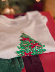 Girls Embroidered Christmas Tree Flutter Top - Royal Christmas