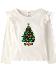Girls Embroidered Christmas Tree Flutter Top - Royal Christmas