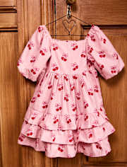 Girls Cherry Heart Flannel Tiered Dress - Mon Cheri