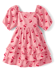 Girls Cherry Heart Flannel Tiered Dress - Mon Cheri
