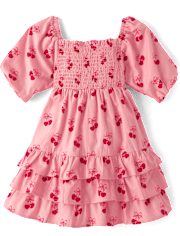 Girls Cherry Heart Flannel Tiered Dress - Mon Cheri