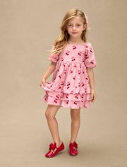 Girls Cherry Heart Flannel Tiered Dress - Mon Cheri