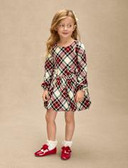 Girls Plaid Bow Flannel Bubble Dress - Royal Christmas