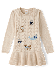 Girls Embroidered Polar Animals Peplum Sweater Dress - First Frost