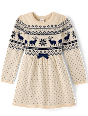 Girls Reindeer Fairisle Sweater Dress - First Frost