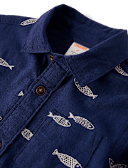 Boys Embroidered Fish Button Up Shirt - Driftwood Bay