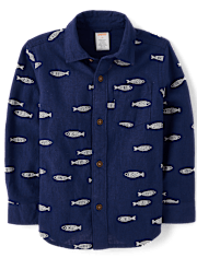 Boys Embroidered Fish Button Up Shirt - Driftwood Bay