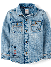 Boys Embroidered Lighthouse Denim Button Up Shirt - Driftwood Bay