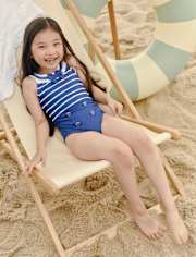 Girls Striped Bow Sailor One Piece Swimsuit - Swim Shop