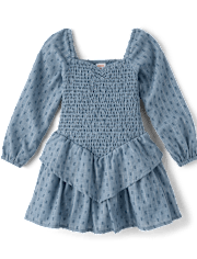 Girls Smocked Clip Dot V-Waist Dress - Driftwood Bay