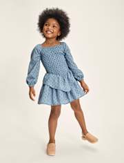 Girls Smocked Clip Dot V-Waist Dress - Driftwood Bay