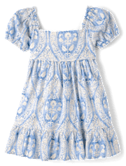 Girls Print Linen-Blend Ruffle Dress - Linen Shop