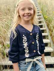 Girls Embroidered Floral Pointelle Cardigan - Driftwood Bay