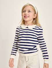 Girls Striped Crochet Lace Peter Pan Sweater - Driftwood Bay