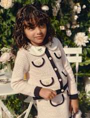 Girls Contrast Faux Tweed Sweater Cardigan - Petit Paris