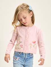 Girls Applique Bunny Scalloped Cardigan - Enchanted Garden