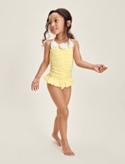 Maillot de bain une pièce à volants en seersucker fleuri pour filles - Boutique de maillots de bain