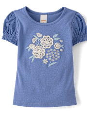 Girls Floral Applique Puff Sleeve Top - Driftwood Bay