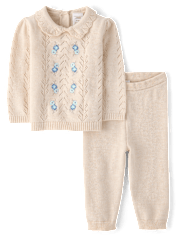 Ensemble 2 pièces pour bébé fille : pull brodé à fleurs au crochet