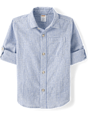 Kids Pinstripe Linen-Blend Button Up Shirt - Linen Edit