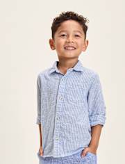 Kids Pinstripe Linen-Blend Button Up Shirt - Linen Edit