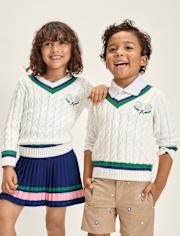 Kids Embroidered Tennis Racquet Cable Knit V-Neck Sweater - Club House